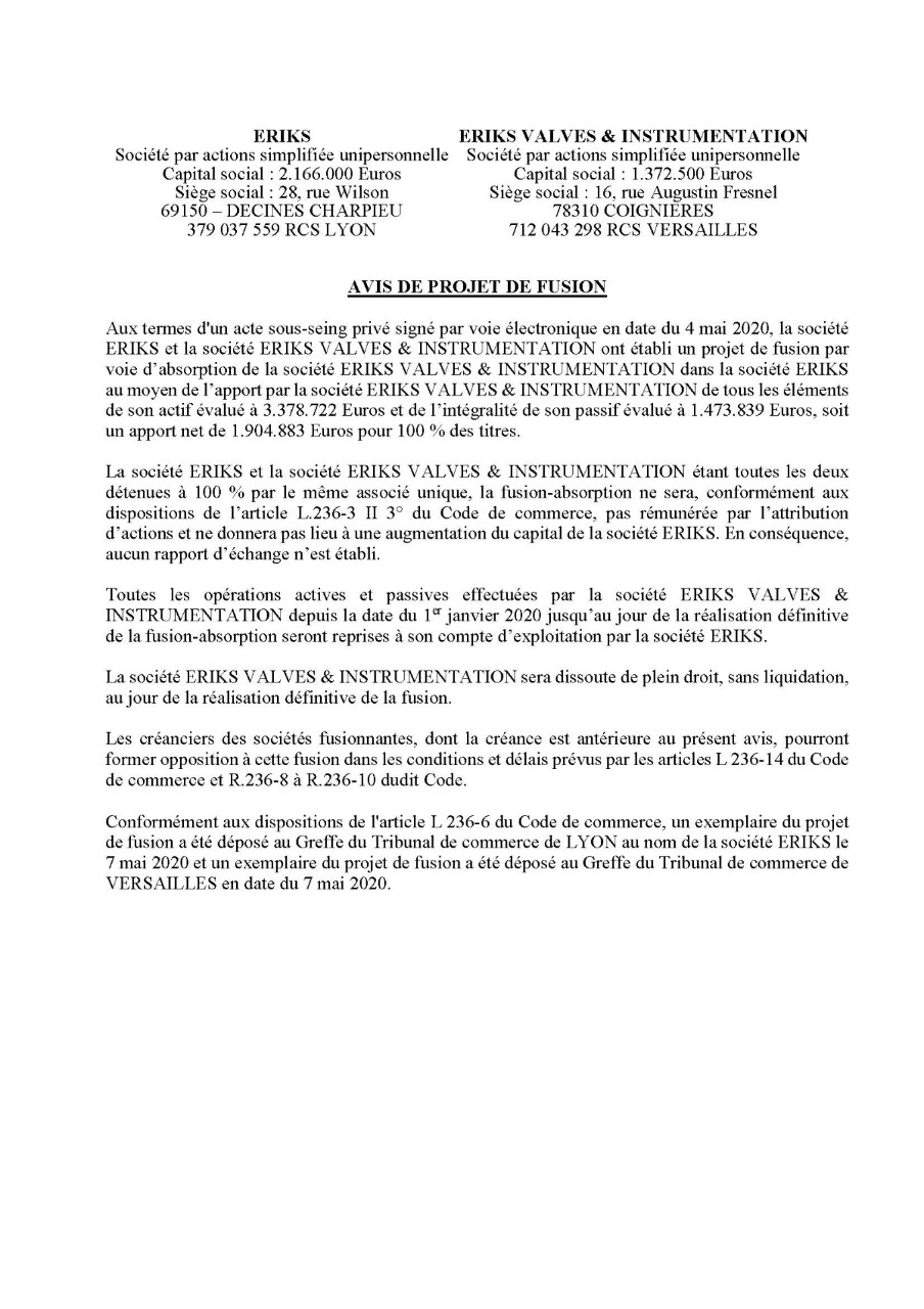Avis de projet de fusion entre ERIKS SAS et ERIKS Valves & Instrumentation